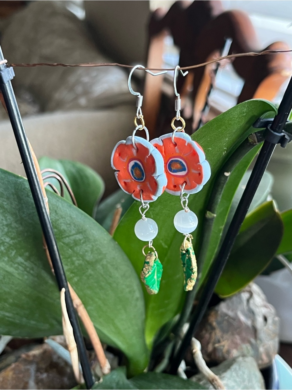 Handcrafted Polymer Clay Orange Poppy Dangle Earrings with Green Stone Accent